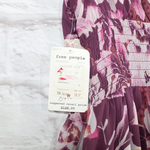 NWT! Free People Maroon Rose Floral Print Fit & Flare Shirred Summer Dress US 4 - Picture 6 of 11
